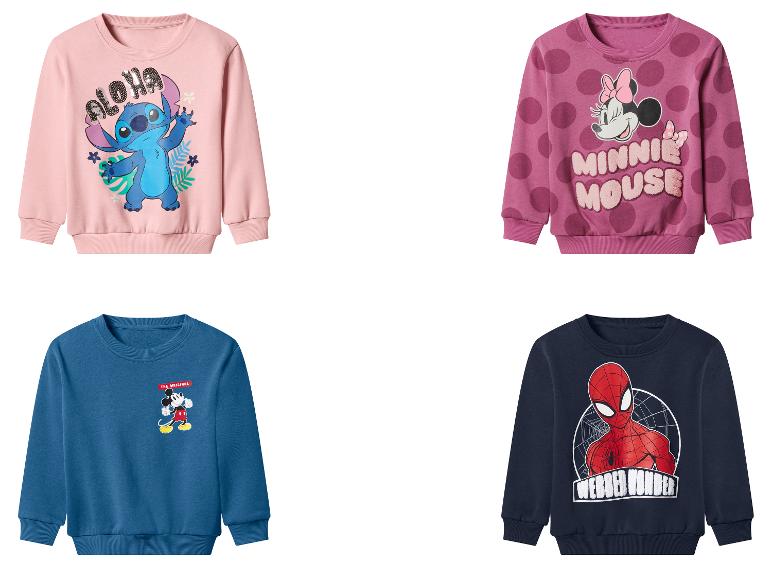 Kinderhoodies met Stitch, Minnie Mouse, Mickey Mouse en Spider-Man prints.