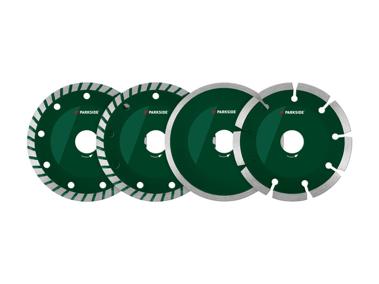 Vier Parkside diamantschijven voor het zagen van steen en beton.