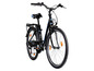 Een zwarte elektrische fiets met een blauwe accenten.
