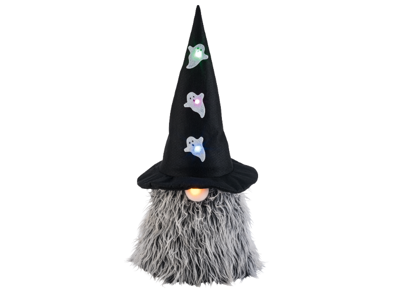 Decoratieve Halloween kabouter met zwarte hoed, lichtgevende spoken en baard.