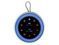 Witte draadloze luidspreker met blauwe ring, geschikt voor yoga en meditatie.