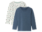 Twee langarmige shirts voor kinderen: een met druppelprint en een effen blauwe.