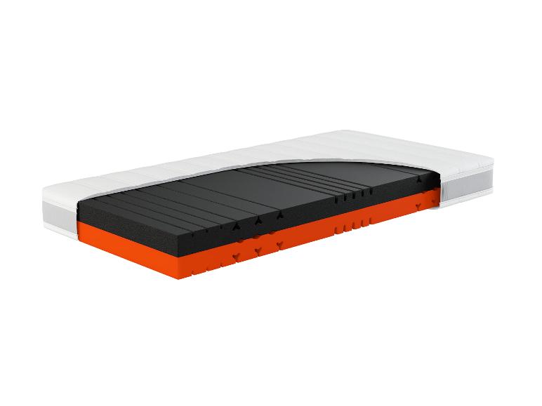 Doorgesneden matras met een zwarte bovenlaag en een oranje onderlaag.