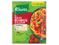 Verpakking voor spaghetti bolognese met extra kruiden, toont bereid gerecht en ingrediënten.