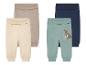 Set van drie babybroeken: beige, donkerblauw en lichtgroen met kangoeroe print.