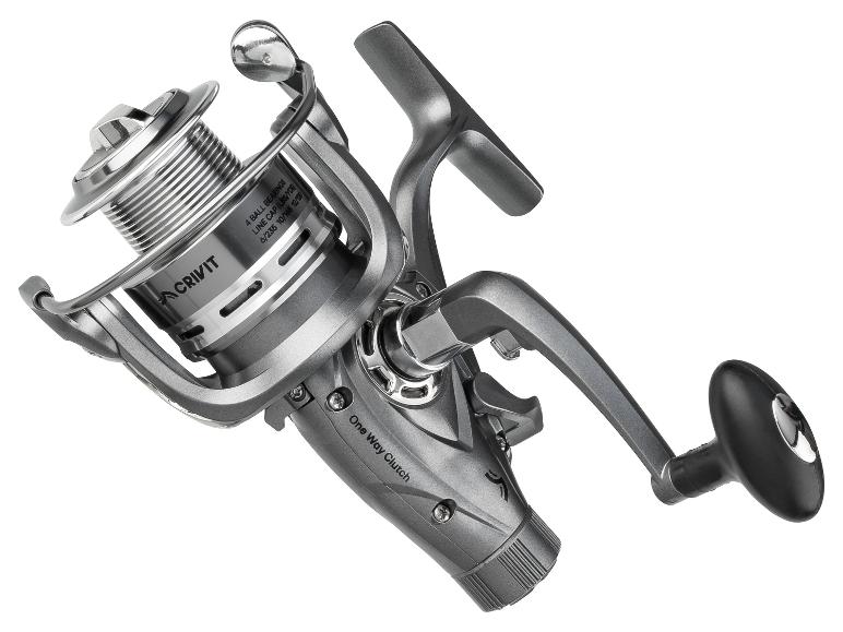 Grijze vismolen met lijncapaciteitsaanduidingen en 'One Way Clutch'.