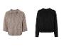 Twee gebreide truien, een beige coltrui en een zwarte ronde hals trui.
