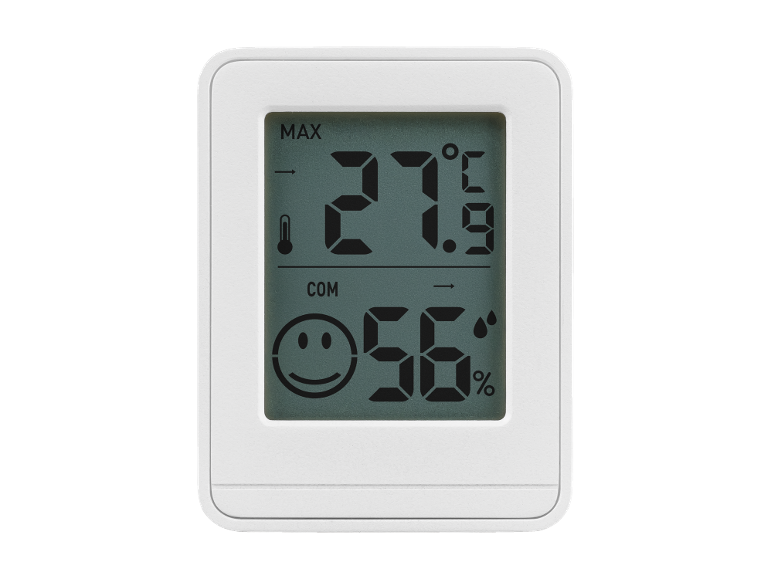 Witte digitale thermometer en hygrometer met LCD-scherm, toont 27.9°C en 56% luchtvochtigheid.
