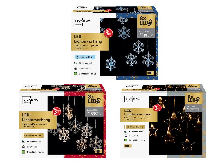 LIVARNO Home LED-lichtgordijnen: 2 met sneeuwvlokken (koud en warm licht) en 1 met sterren (warm licht).