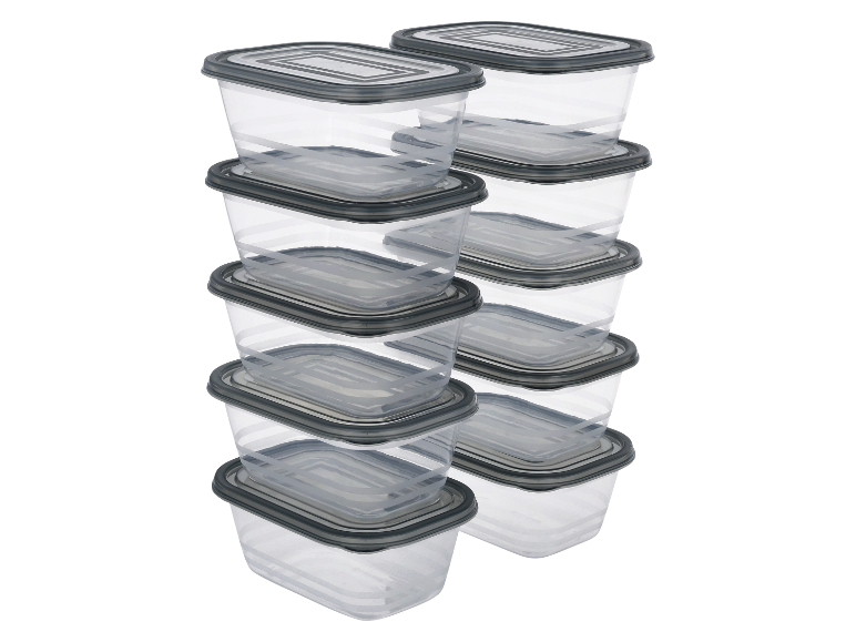 Stapelbare plastic voedselcontainers met grijze deksels.