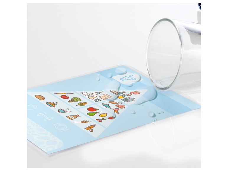 Een voedingsdriehoek met pictogrammen van verschillende voedselgroepen, met waterdruppels.