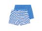 Twee kinder shorts: één blauw gestreept en één effen blauw.