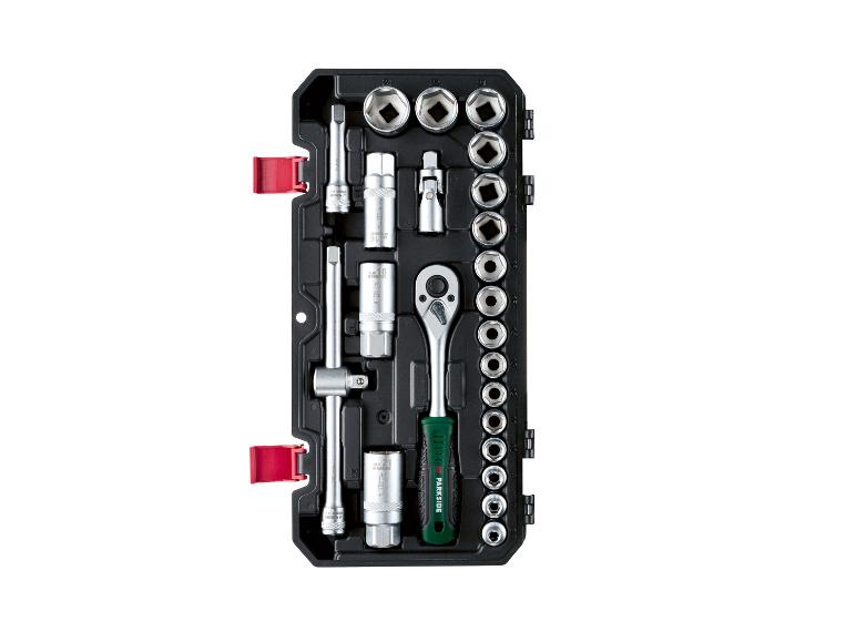 Parkside dop-set met ratel en accessoires in opbergkoffer.