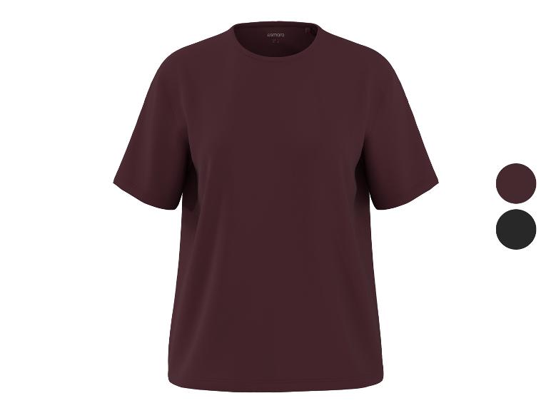 Bordeauxrood T-shirt met korte mouwen, met kleurstalen van bordeauxrood en zwart ernaast.