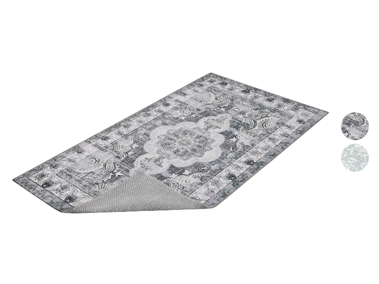 Grijs vloerkleed met wit en zwart Perzisch patroon, met twee kleurmonsters.