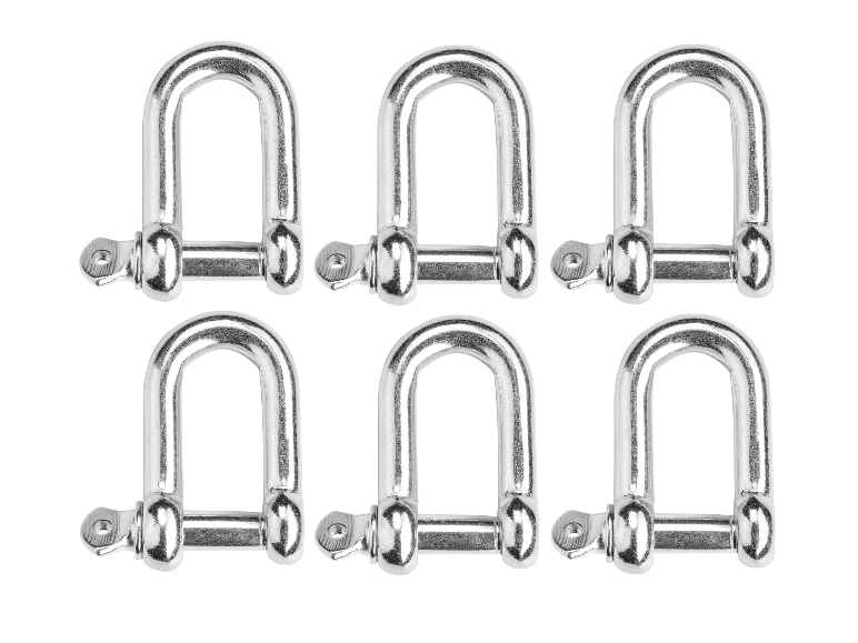 Zes gegalvaniseerde D-ringen op een witte achtergrond.