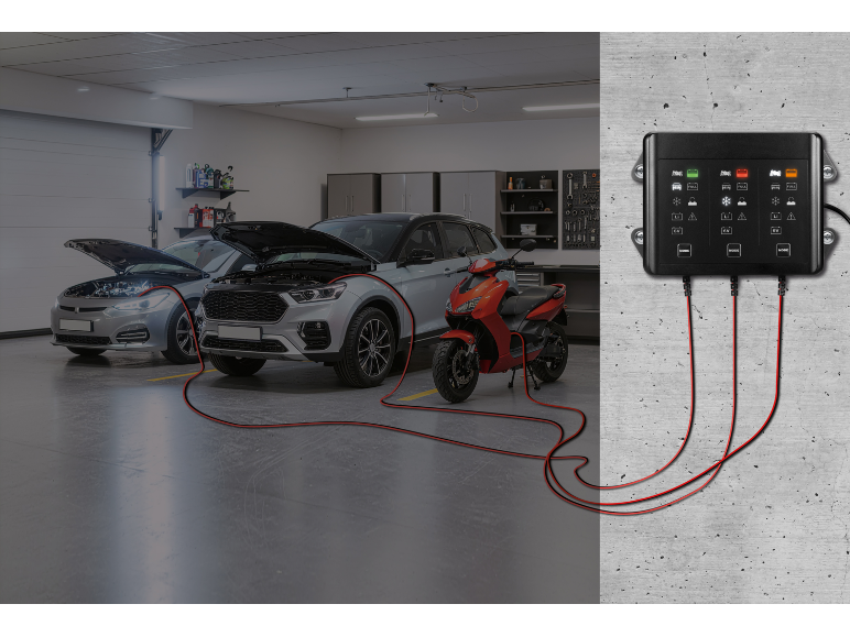 Wandgemonteerde acculader laadt twee auto's en een motorfiets op in een garage