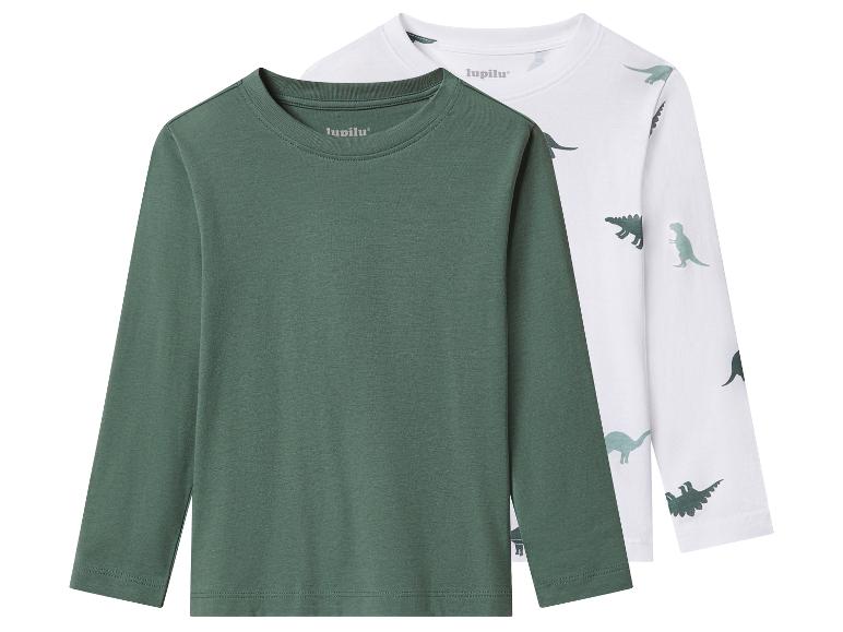 Twee Lupilu kinderlongsleeves: één donkergroen en één wit met dinosaurussen.