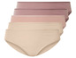 Vier paar damesondergoed in beige, roze en paars.