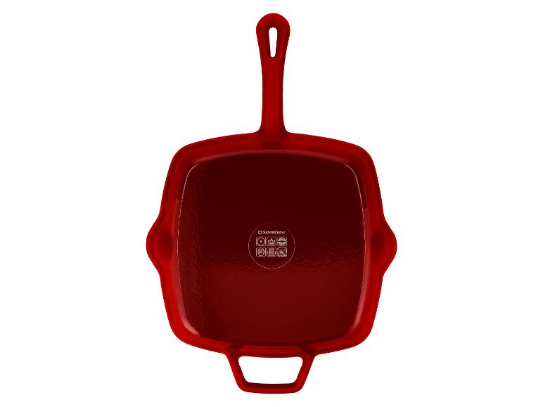 Rode vierkante gietijzeren grillpan met handvatten en kookplaatcompatibiliteitssymbolen.
