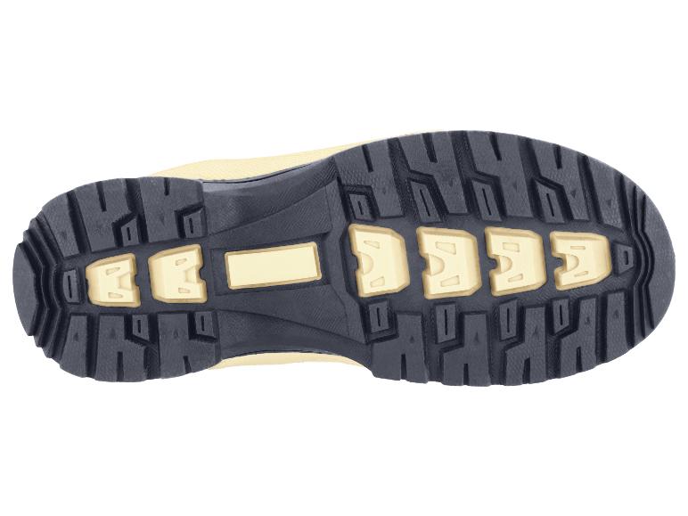 Zool van een wandelschoen met zwart en beige profiel