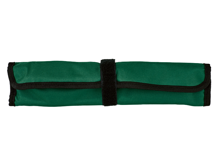 Groene oprolbare gereedschapstas met klittenbandsluiting.