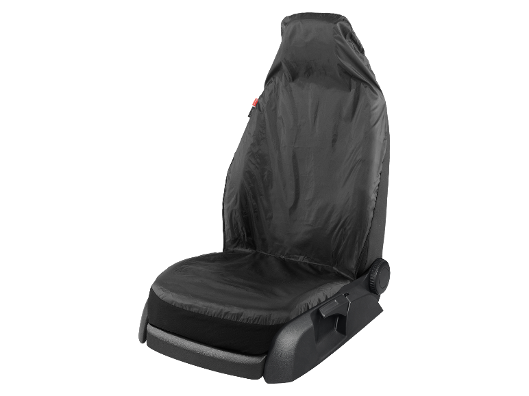 Een zwarte nylon autostoelhoes.
