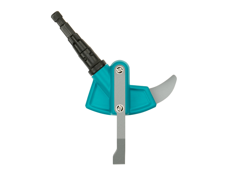 Handgereedschap: kantensnijder, mes en turquoise handvat.