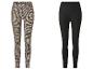 Twee leggings: één met beige en zwart gestreept patroon, de andere effen zwart