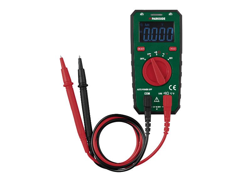 Groene en rode digitale multimeter met meetsnoeren, toont 0.000 V.