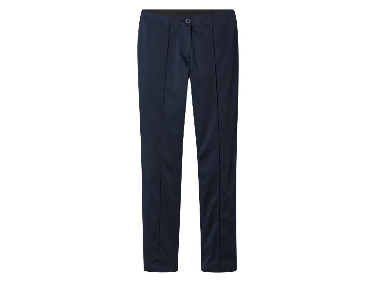 Donkerblauwe broek met persvouwen en elastische tailleband.