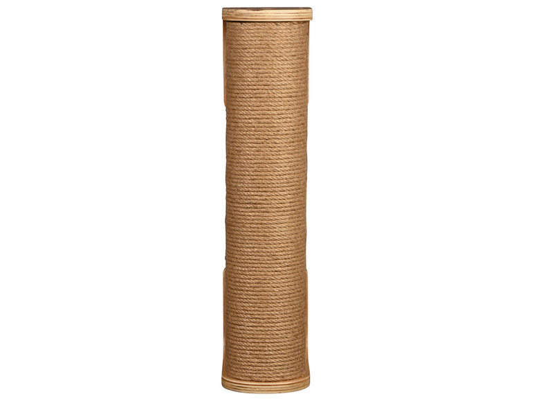 Een hoge kattenkrabpaal met een sisal touw omhulsel.