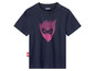 Een donkerblauw T-shirt met een roze maskerprint