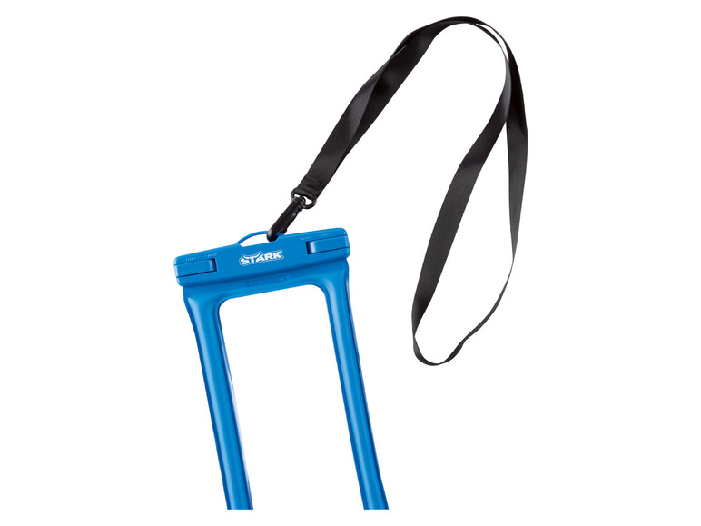 Een blauwe waterdichte telefoonhoes van Stark met een zwarte draagriem.