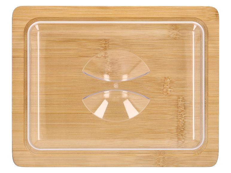 Rechthoekige bamboe plank met een transparant plastic deksel