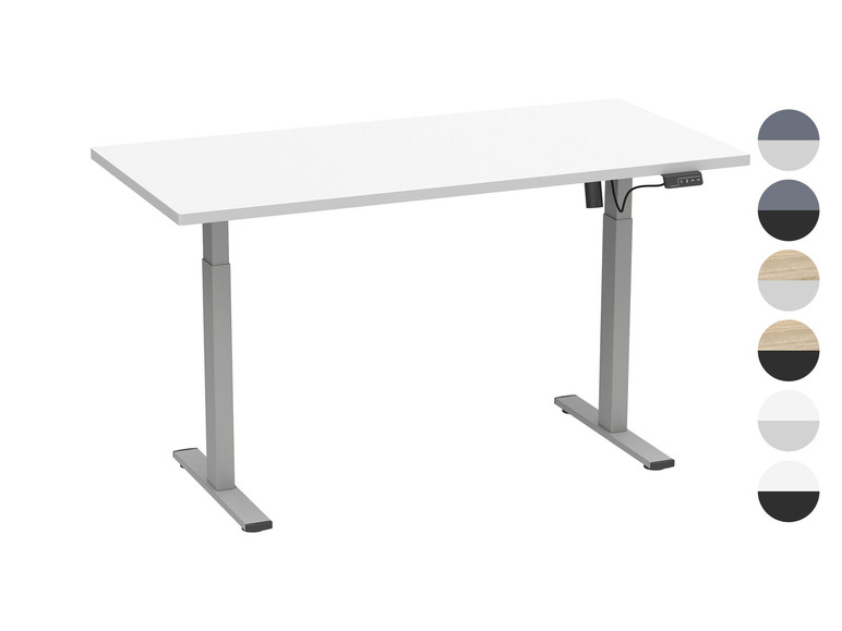 Een wit bureau met een elektrisch verstelbaar onderstel.