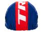 Blauw-rode fietsmuts met TR logo.