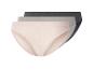 Drie paar damesbikini slips in beige, grijs en donkergrijs.
