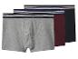Drie herenboxershorts in grijs, bordeaux en donkerblauw met gestreepte taillebanden.