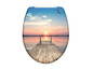Toiletzitting met een foto van een pier aan het water bij zonsondergang.