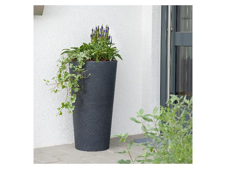 Hoge, donkergrijze plantenpot met klimop en paarse bloemen, bij een deur.