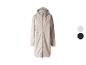 Lange beige regenjas met capuchon en rits, getoond met zwarte en lichtbeige kleuropties.