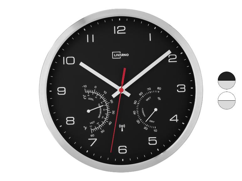 Zwarte wandklok met thermometer en hygrometer, met het LIVARNO-logo.
