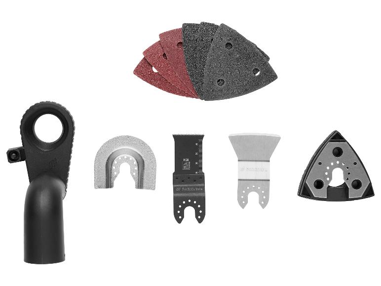Parkside multitool accessoires: schuurbladen, zaagbladen, schraper en stofafzuighulpstuk.