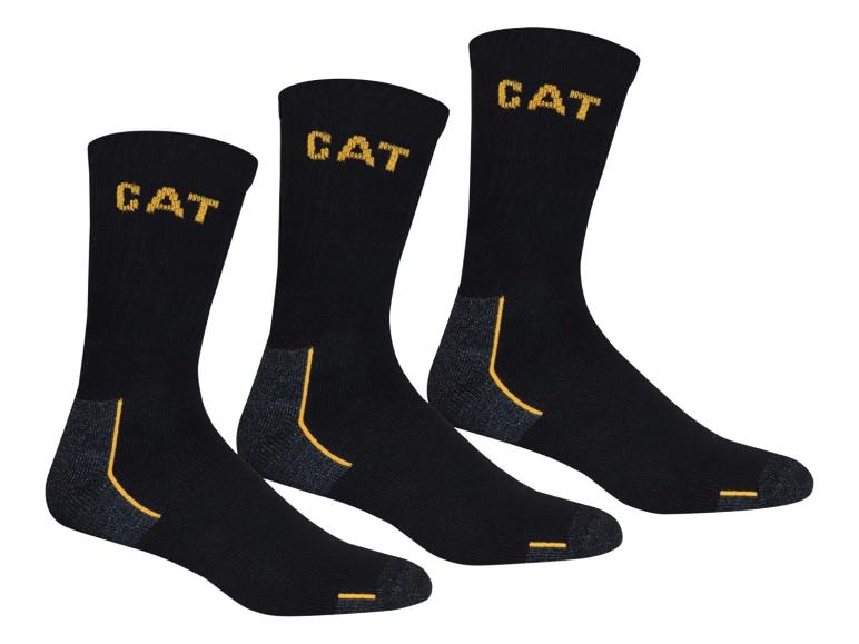 Drie zwarte CAT sokken met gele details en logo.