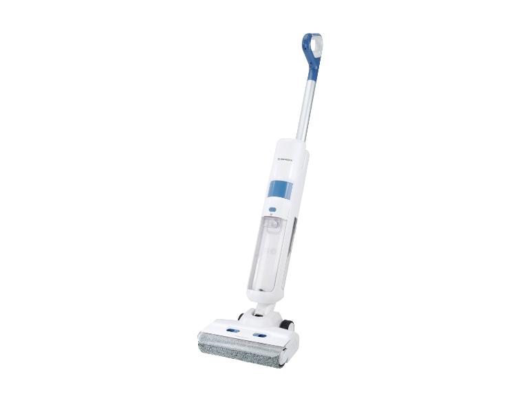 Witte en blauwe Silvercrest draadloze steelstofzuiger met dweilfunctie