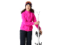 Lachend meisje in roze fleecetrui, skibroek en skibril, met ski's.