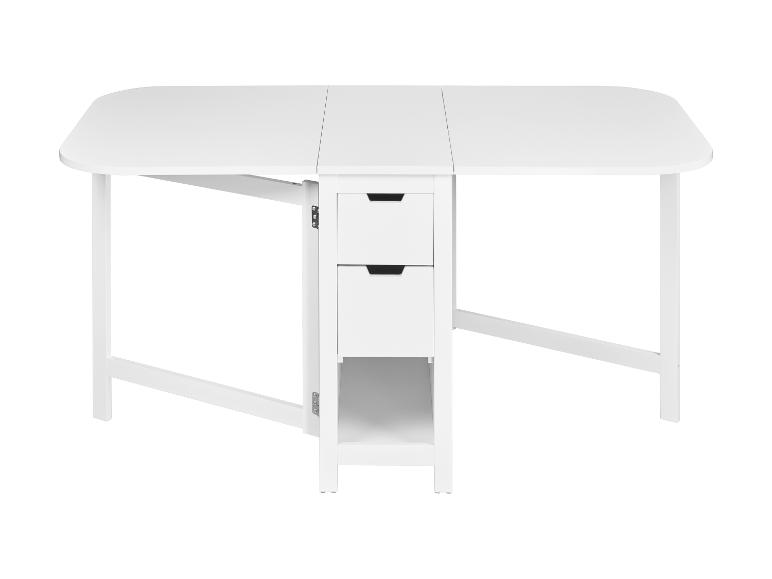 Witte opklapbare tafel met lades en planken, ideaal voor kleine ruimtes.