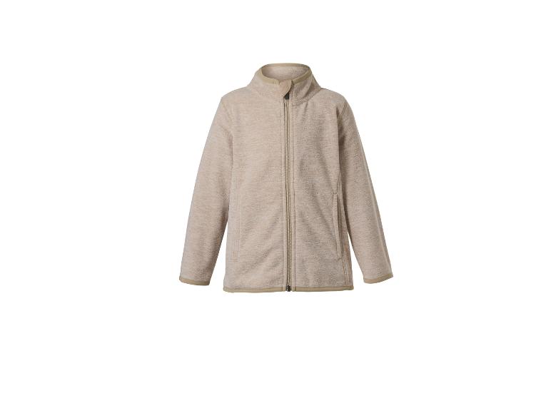 Beige fleecejack met rits en opstaande kraag.