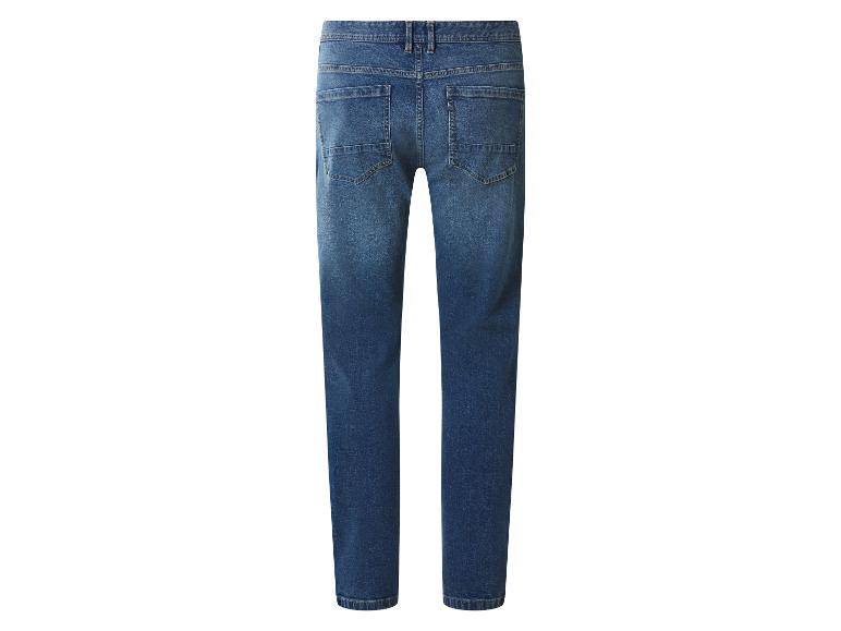 Blauwe herenjeans met zakken aan de achterkant.